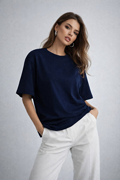 Rich Kadın Lacivert %100 Pamuk Oversize Basic Tişört – Rahat Kalıp Relaxed Bi...