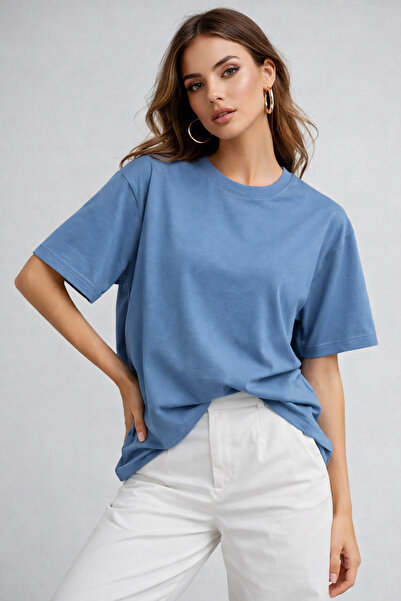 Rich Дамска синя тениска Oversize Basic от 100% памук - свободна кройка с кръ...