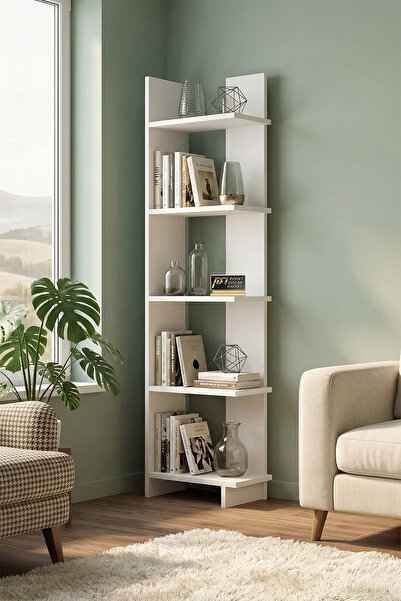 PDMPOİNT DOLAP MARKET Sıla Köşe Kitaplık 4 Raflı - Beyaz