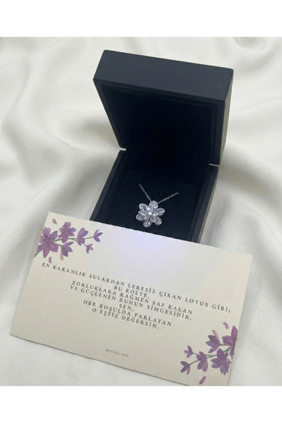 bs begisilver 925 Ayar Gümüş Zirkon Taşlı Beyaz Lotus Çiçeği Kolye Kadın Işık...