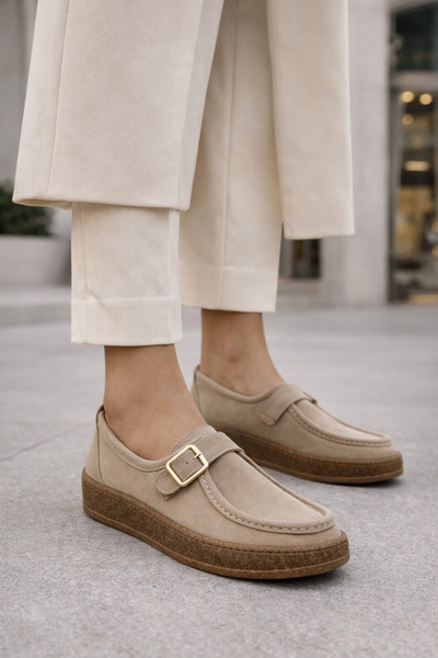 guijarro Women's Beige Suede Buckle Elastic Women's Loafer - Daily Comfortabl...