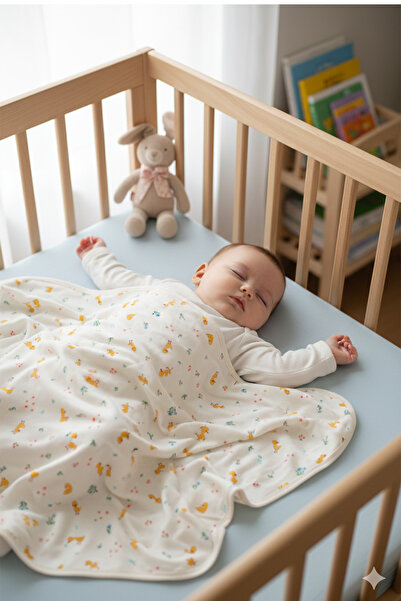 MAHFEL %100 Pamuklu Organik Ördek Baskılı Bebek Çocuk Battaniyesi