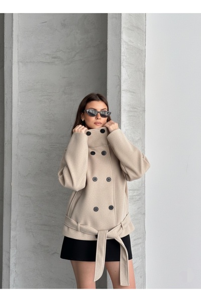 Lovely butik Double-Breasted Stand-Up Collar Short Coat with Belt