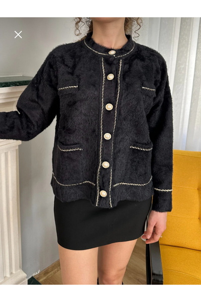 Elchee cardigan moale pentru femei, cu guler bebe și nasturi negri perlați