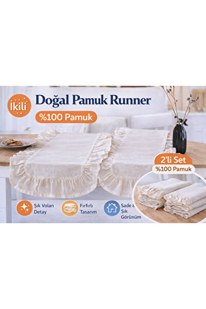 CACON 40x125 cm 2’li Doğal Pamuk Fırfırlı Runner – Krem, Şık Masa Örtüsü