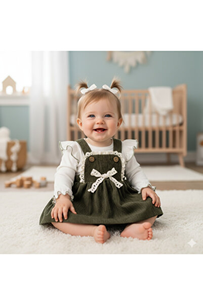 Minim FİYONK DETAYLI FİTİLLİ KADİFE KIZ BEBE ELBİSE