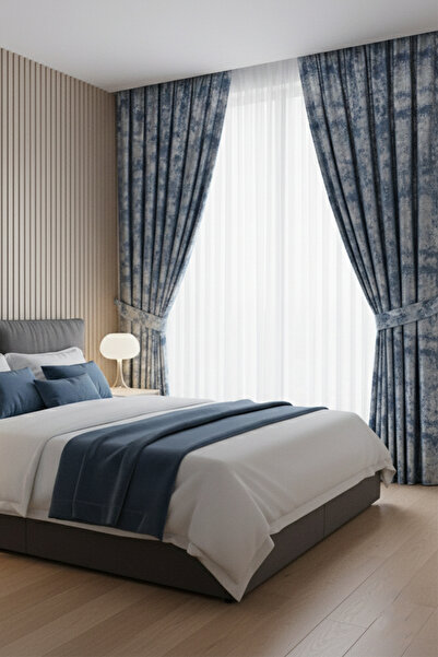 Emes Fon Perde Petrol Mavisi Royal Desen, Yeni Sezon, Pileli, Kırışmaz, Özel ...