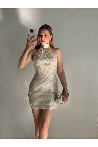 S&A Collectionn Women's Tie-Detail Open Back Fringed Sequin Mini Dress (Length increased)