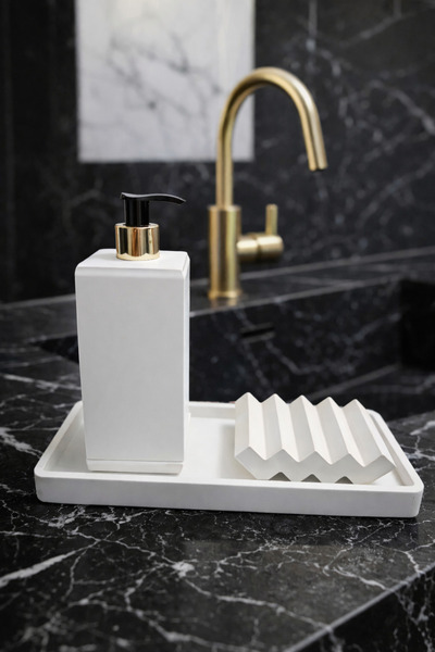 avake home 3 Parça Mermer Desenli Beton Banyo Seti Sıvı Sabunluk Sunum Tepsisi