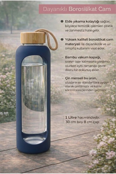 MİMOZA PARK 1 Litre Borosilikat Cam Matara Bambu Vakum Kapaklı Su Şişesi Suluk