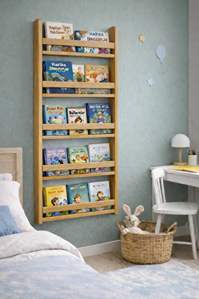 Holly Touch Montessori Çocuk Odası Kitaplığı – Doğal Masif Ahşap Duvar Rafı 1...