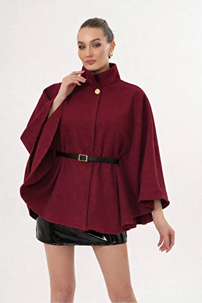 SKYBEAR Women's Burgundy Cashmere Poncho with Belt Detail