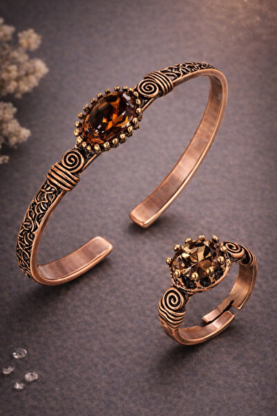 İyyaKee Kadın Bakır Bileklik Yüzük Set Zultanit Taşlı Kelepçe Bilezik