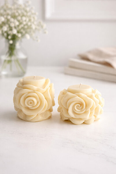 Lumin İstanbul Dekoratif Gül Tasarımlı El Yapımı Amber Kokulu Mum Seti - 2’li