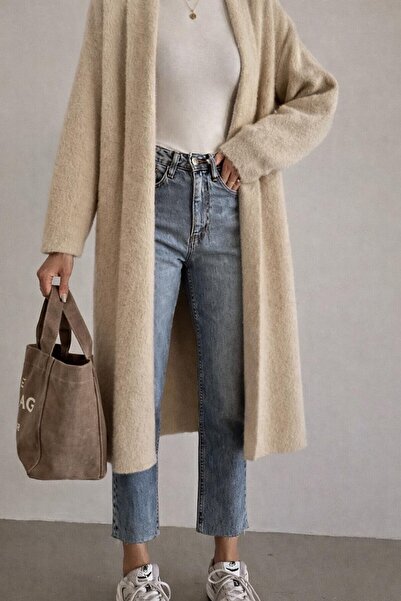 Perry Boutique Women's Oversized Angora Long Knitwear Cardigan Stone Color