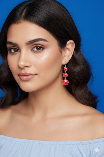 BB wikiki 3 Rows of Dangle Jewelled Red Earrings