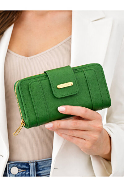 Newish Polo Women's Green Wallet with Leather-Look Zipper Compartments for Ca...