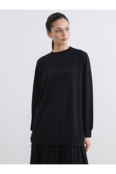 LC Waikiki Lcw Modest Black Paris Embroidered Women's Sweatshirt Tunic