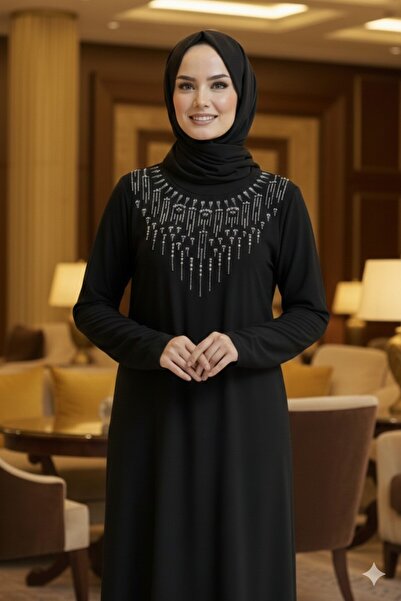 medipek Women's Sandy Stone Detailed Black Hijab Dress Plus Size