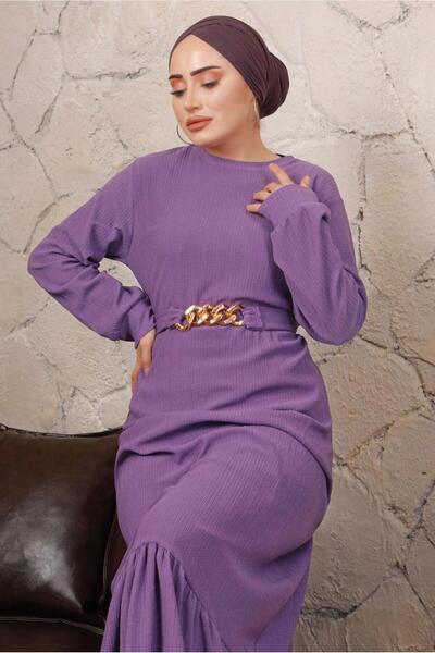 TRENDTESETTÜR KADIN MOR (LİLA) ZİNCİR KEMERLİ ETEĞİ VOLANLI BÜRÜMCÜK ELBİSE T...