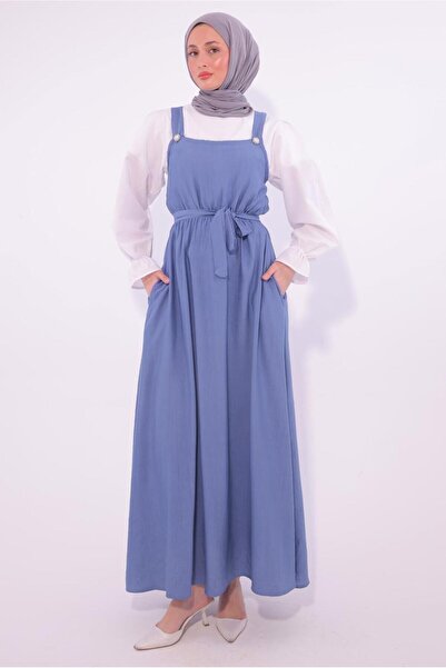 TRENDTESETTÜR KADIN MAVİ KUŞAKLI SALOPET ELBİSE T 8974