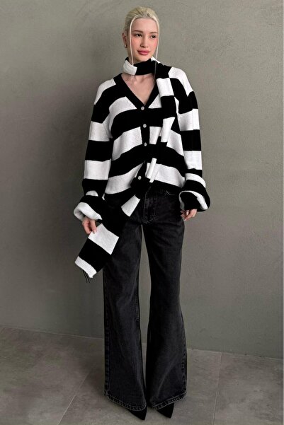Madmext Black Striped Scarf Women's Knitwear Cardigan Mg2588