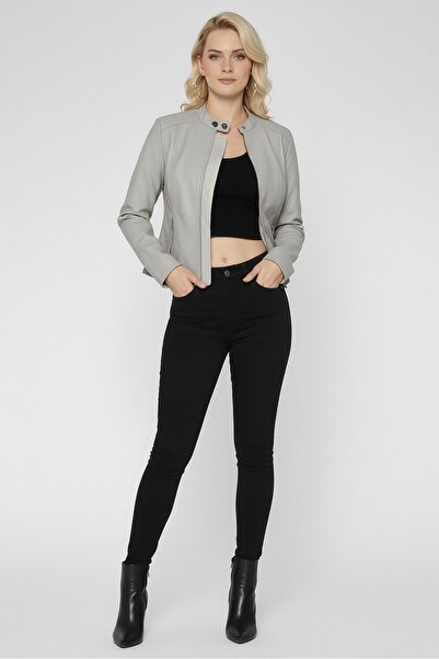 Emporio Armani سترة نسائية صلبة للدراجات النارية، رمادية