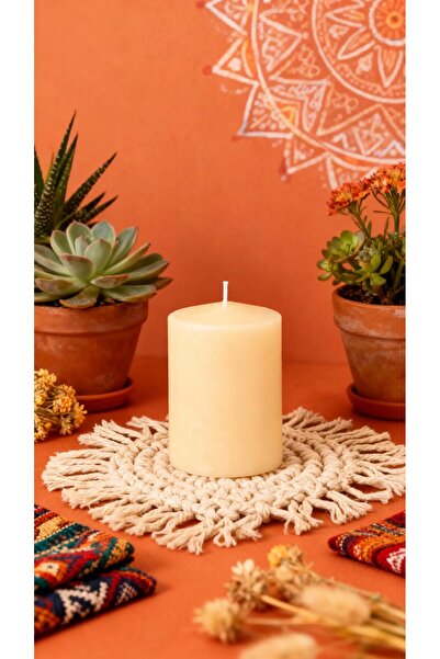 Paşa Cam Silindir Kütük Mum Krem Sandal Ağacı Genişlik 8 Cm Yükseklik - 10