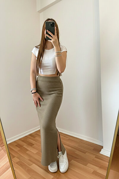 FOORS High Waist Slit Knitwear Corded Fabric Skirt
