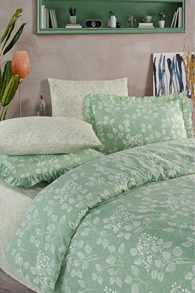 Uçkan home طقم غطاء لحاف مزدوج مصنوع من القطن بنسبة 100% باللون الأخضر النعنا...