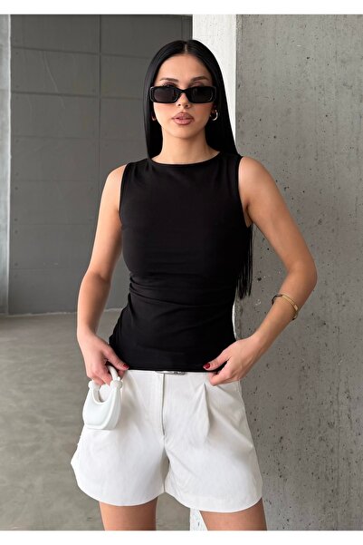 BEJNA Women's Black Gathered Soft Cotton Tank Top