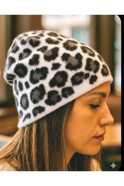 aseh shop Leopar Desenli Tüylü Yün Şapka