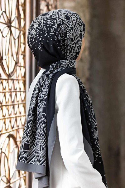 Vissona شال فاخر من حرير المدينة بنمط هندسي أسود - رمادي اللون 75×195 مقاوم ل...