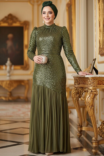 N.S NEVA STYLE Payet Boncuk İşlemeli Haki Tesettür Abiye Elbise 52057HK