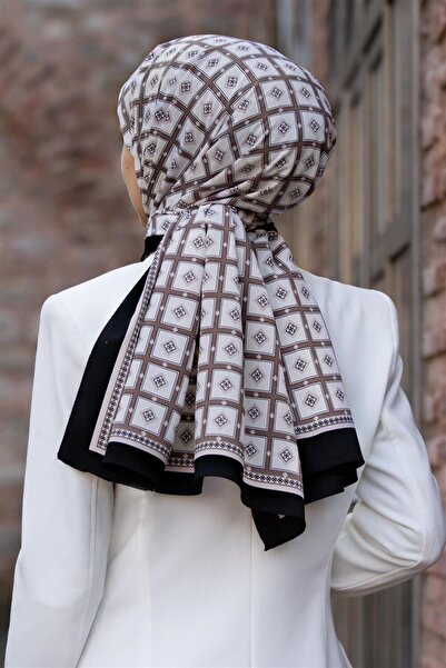 Vissona LÜKS MEDİNE İPEĞİ KARE DESENLİ KREM - SİYAH RENKLİ 75X195 KIRIŞMAZ ŞA...