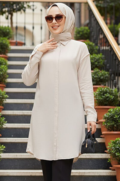 Neva Style Buttoned Beige Hijab Tunic 11715Bej