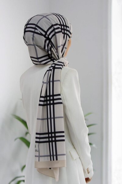 Vissona LÜKS MEDİNE İPEĞİ EKOSE DESENLİ KREM - GRİ RENKLİ 75X195 KIRIŞMAZ ŞAL...