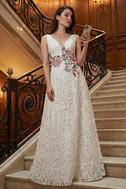 Neva Style White Evening Dress with Flower Detail 7626B