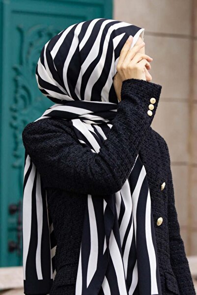 Genel Markalar Kadın Lüks Medine Ipeği Şal Siyah - Beyaz