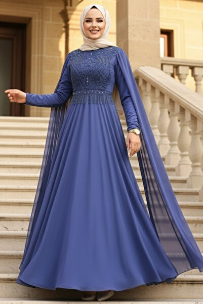 Neva Style Rochie de seară hijab albastru indigo cu pelerină 22162IM