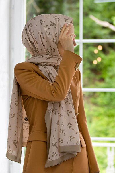 Vissona LÜKS MEDİNE YAPRAK DESENLİ BEJ RENKLİ 75X195 KIRIŞMAZ ŞAL MOSS KREP D...