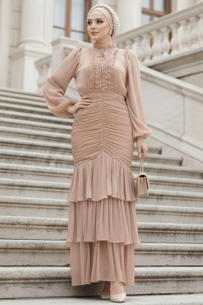 N.S NEVA STYLE فستان سهرة حجاب بسكويت مزين بكشكشة 50271BS