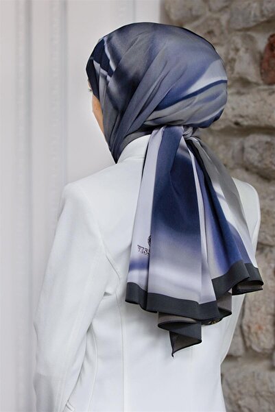 Vissona LÜKS MEDİNE İPEĞİ DALGA DESENLİ GRİ - İNDİGO RENKLİ 75X195 KIRIŞMAZ E...