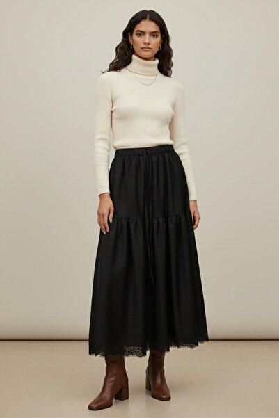 Puane Fusta lungă pentru femei cu tiv din dantelă și talie elastică-18292ETK ...