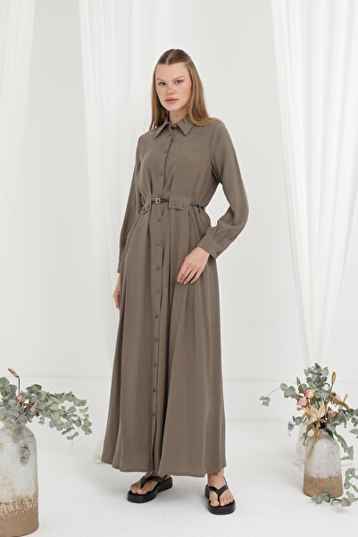 Puane Rochie cămașă cu curea și detaliu cu nasturi pentru femei-12622ELB - MINK