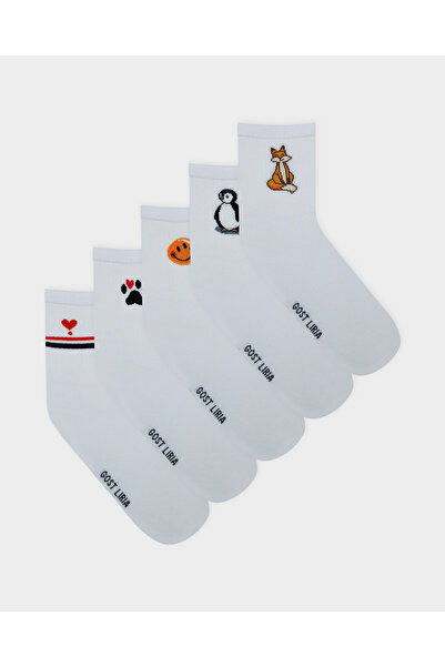 GOST LİRİA -5 Pack White Figured Ribbed Tennis Unisex Socks