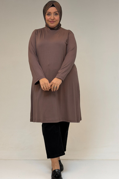 Eslina 38501 Large Size Basic Combed Cotton Tunic - Mink