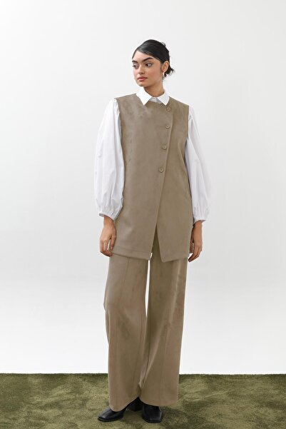 Puane Жіночий асиметричний піджак із замші з деталями - 14395TKM - CAMEL