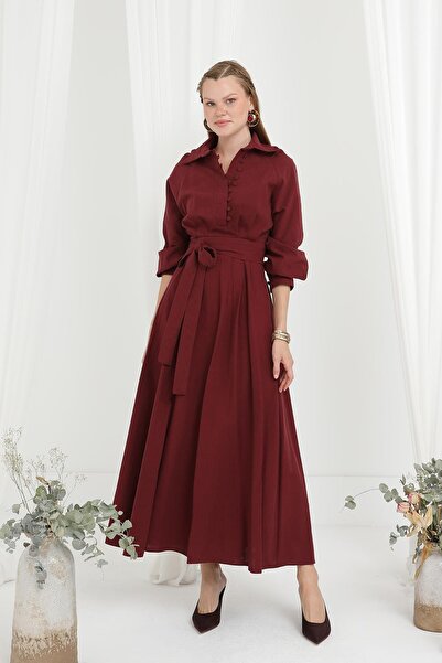 Loreen Жіноче плаття з поясом і ґудзиками, комір-стійка - 20688ELB - BURGUNDY