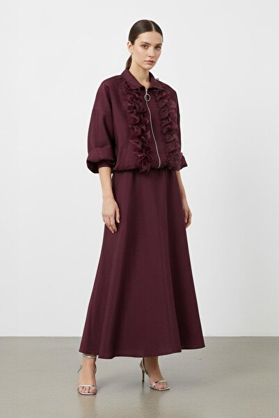 Loreen Women's Ruffle and Lace Detailed Zippered Jacket Set - 20707Tkm - Burg...